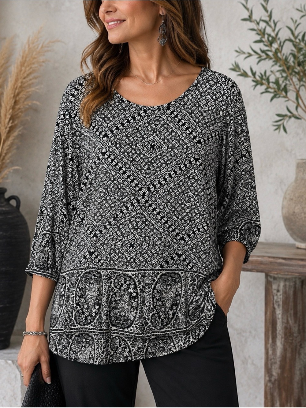 Lucky Brand Cotton Black & White Printed Scoop-Neck Tunic Sz 3X